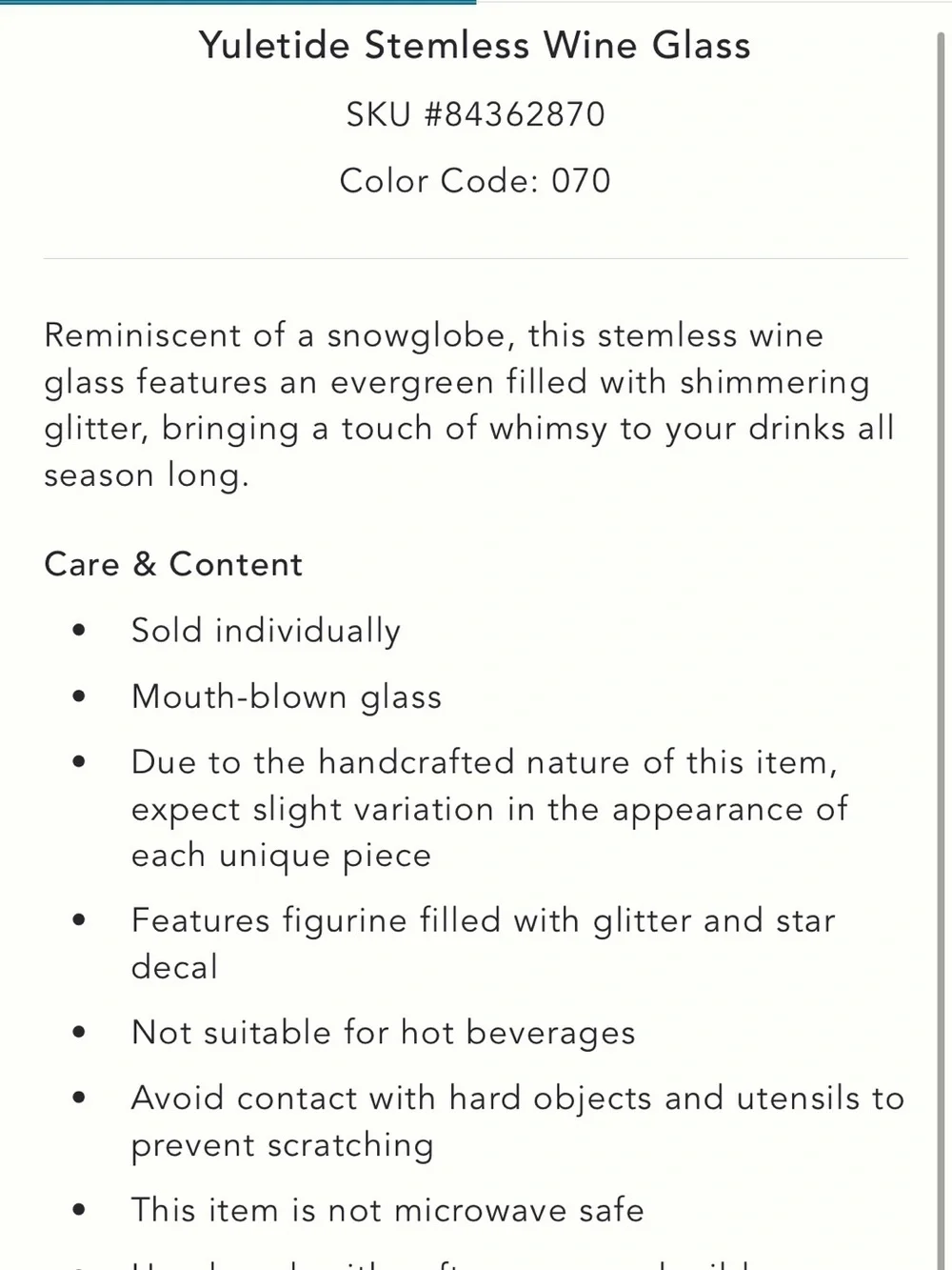 Anthropologie Yuletide stemless wine Glass with Gold Glitter Tree Accent
